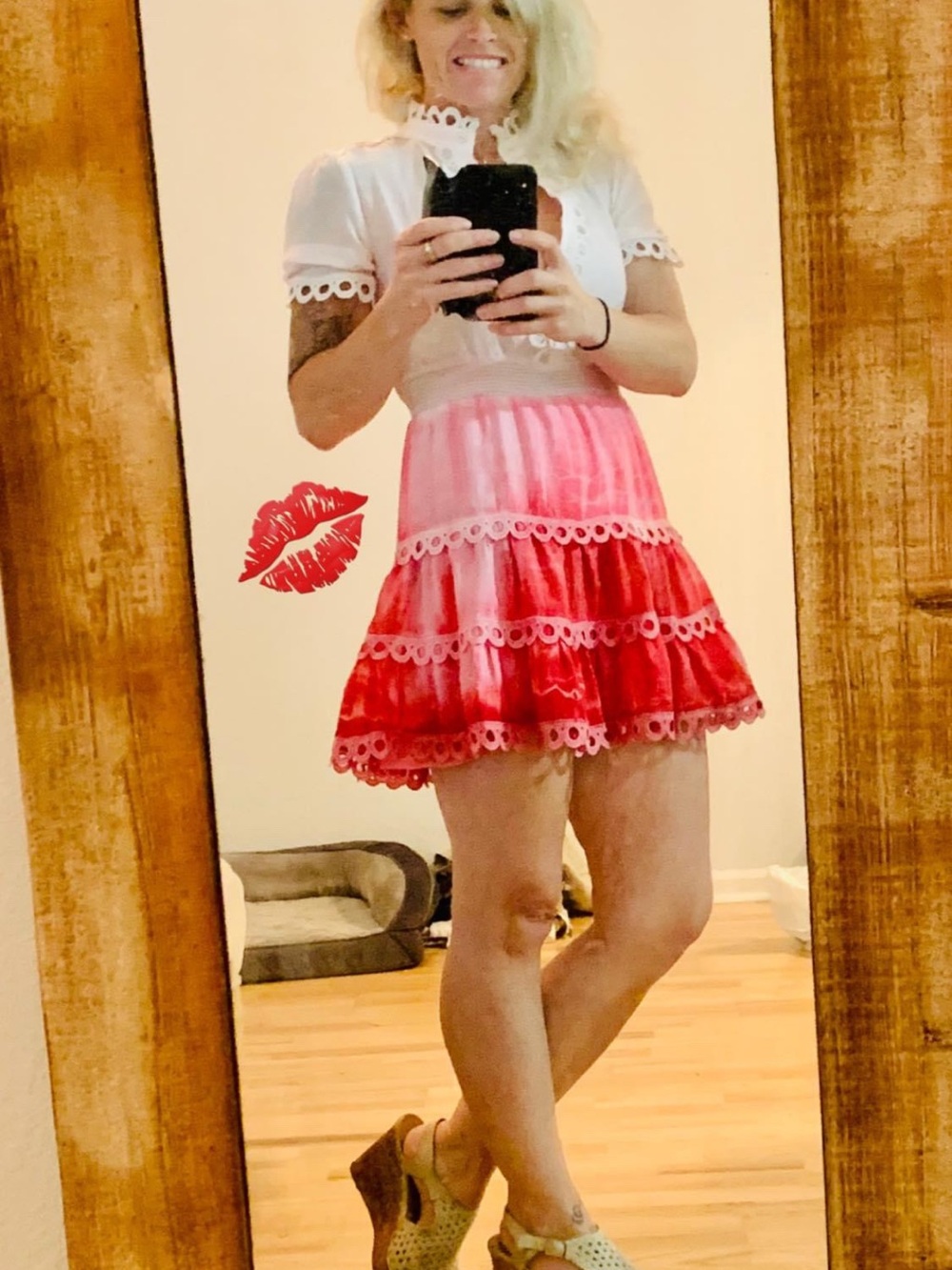 The Shirt by Rochelle Behrens Pink-to-Red Ombre Lace-Trim Tiered Mini Skirt